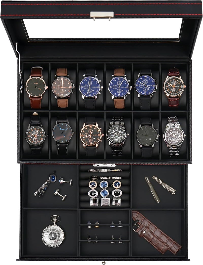 Jenseits 12 Slot Watch Case,2 Layers Watch Box Organizer with Large Glass Lid, Lockable Leather Watch Holder Display Case Storage with Jewelry Organizer Holder Drawer, Ideal Gift for Men Women, Black - Image 1